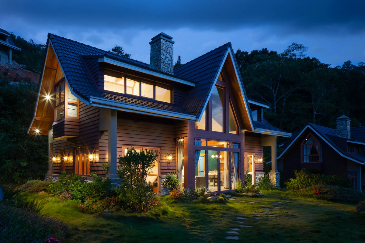 Family home lit up in the evening