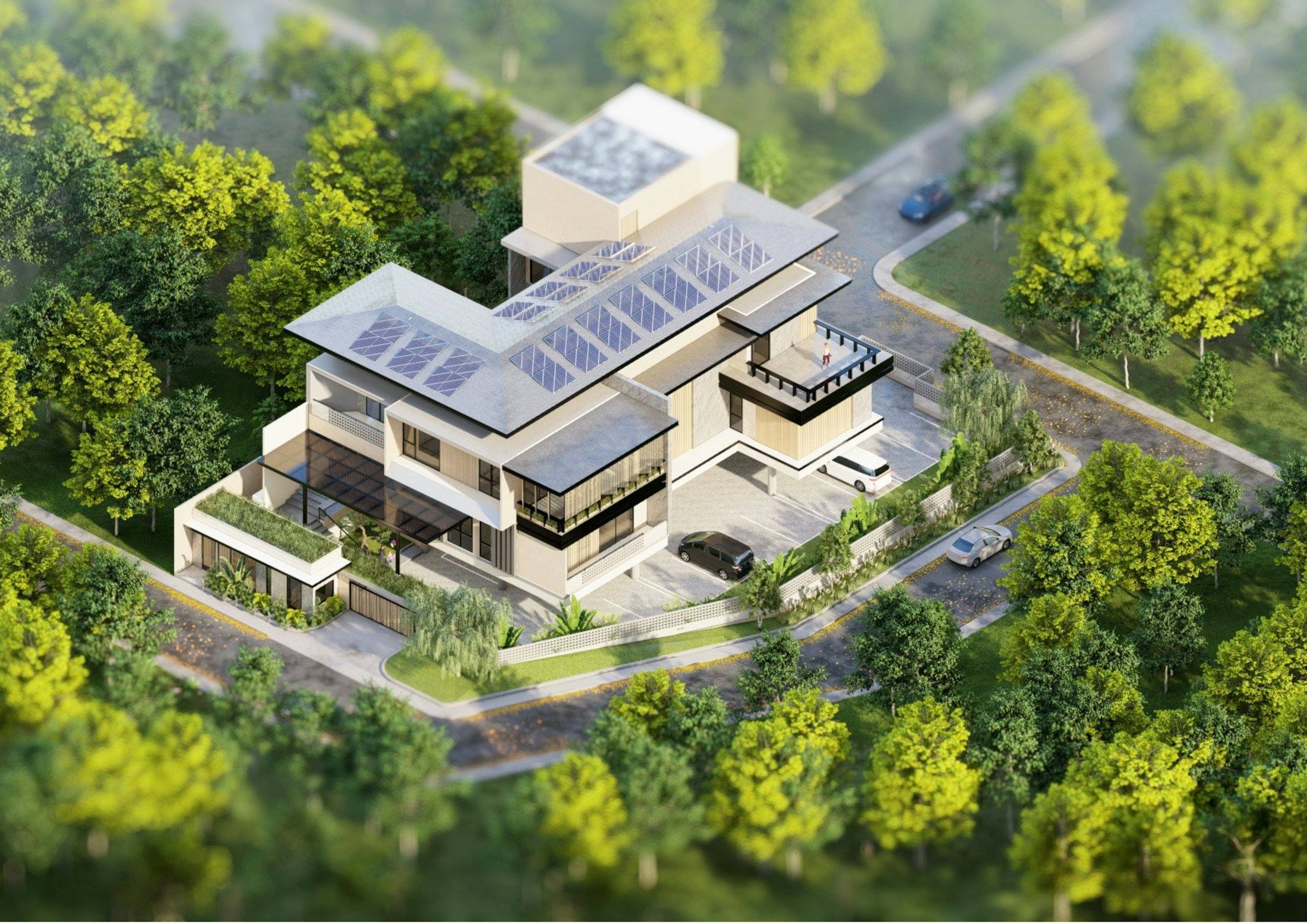 Aerial view of a modern home with rooftop solar panels surrounded by trees